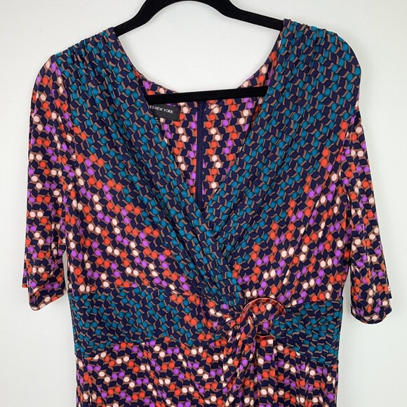 Jones New York Fit & Flare Quarter Sleeve Faux Wrap Patterned Dress Purple Sz 16 - Picture 2 of 10